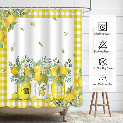 Lemon Shower Curtains for Bathroom, Summer Fruit Green Leaves Bathroom Decor, Waterproof Polyester Fabric Shower Curtain with Hooks 72x72 Inch