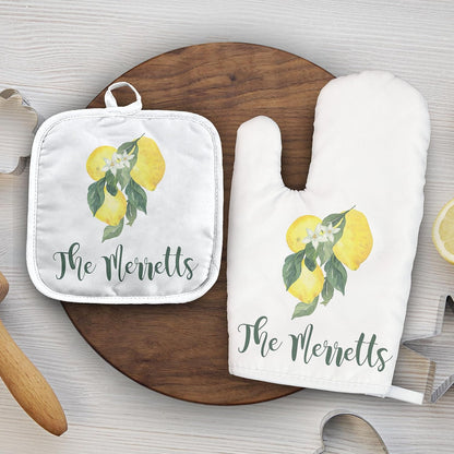Lemon Personalized Oven Mitt and Pot Holder Set | Oven Mitt | Pot Holder | Kitchen Gifts | Housewarming, Wedding Gift
