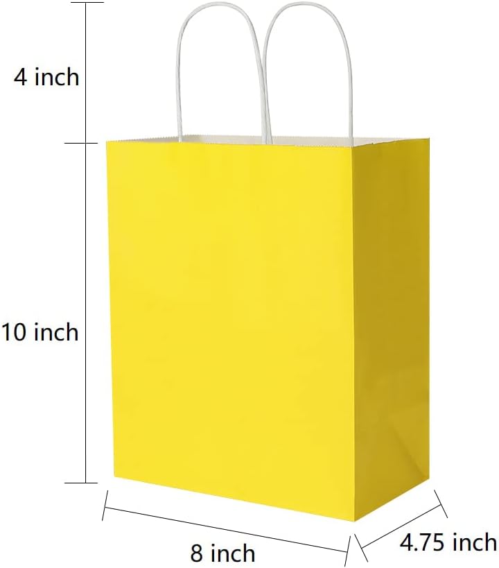 50 Pack 8x4.75x10 Inch Medium Yellow Kraft Paper Bags with Handles Bulk for Birthday Wedding Party Favors Grocery Retail Shopping Takeout Business Goody Craft Gift Bags Sacks, (50pcs Count)