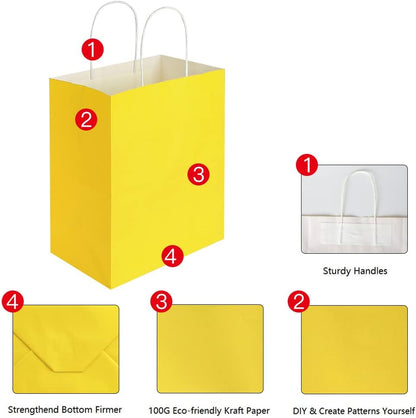 50 Pack 8x4.75x10 Inch Medium Yellow Kraft Paper Bags with Handles Bulk for Birthday Wedding Party Favors Grocery Retail Shopping Takeout Business Goody Craft Gift Bags Sacks, (50pcs Count)