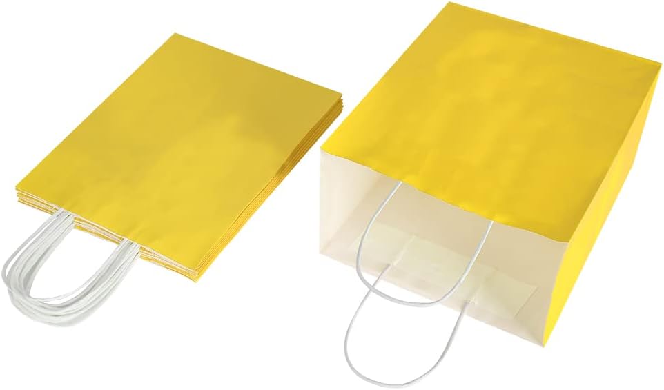 50 Pack 8x4.75x10 Inch Medium Yellow Kraft Paper Bags with Handles Bulk for Birthday Wedding Party Favors Grocery Retail Shopping Takeout Business Goody Craft Gift Bags Sacks, (50pcs Count)