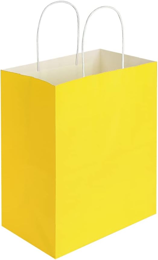 50 Pack 8x4.75x10 Inch Medium Yellow Kraft Paper Bags with Handles Bulk for Birthday Wedding Party Favors Grocery Retail Shopping Takeout Business Goody Craft Gift Bags Sacks, (50pcs Count)