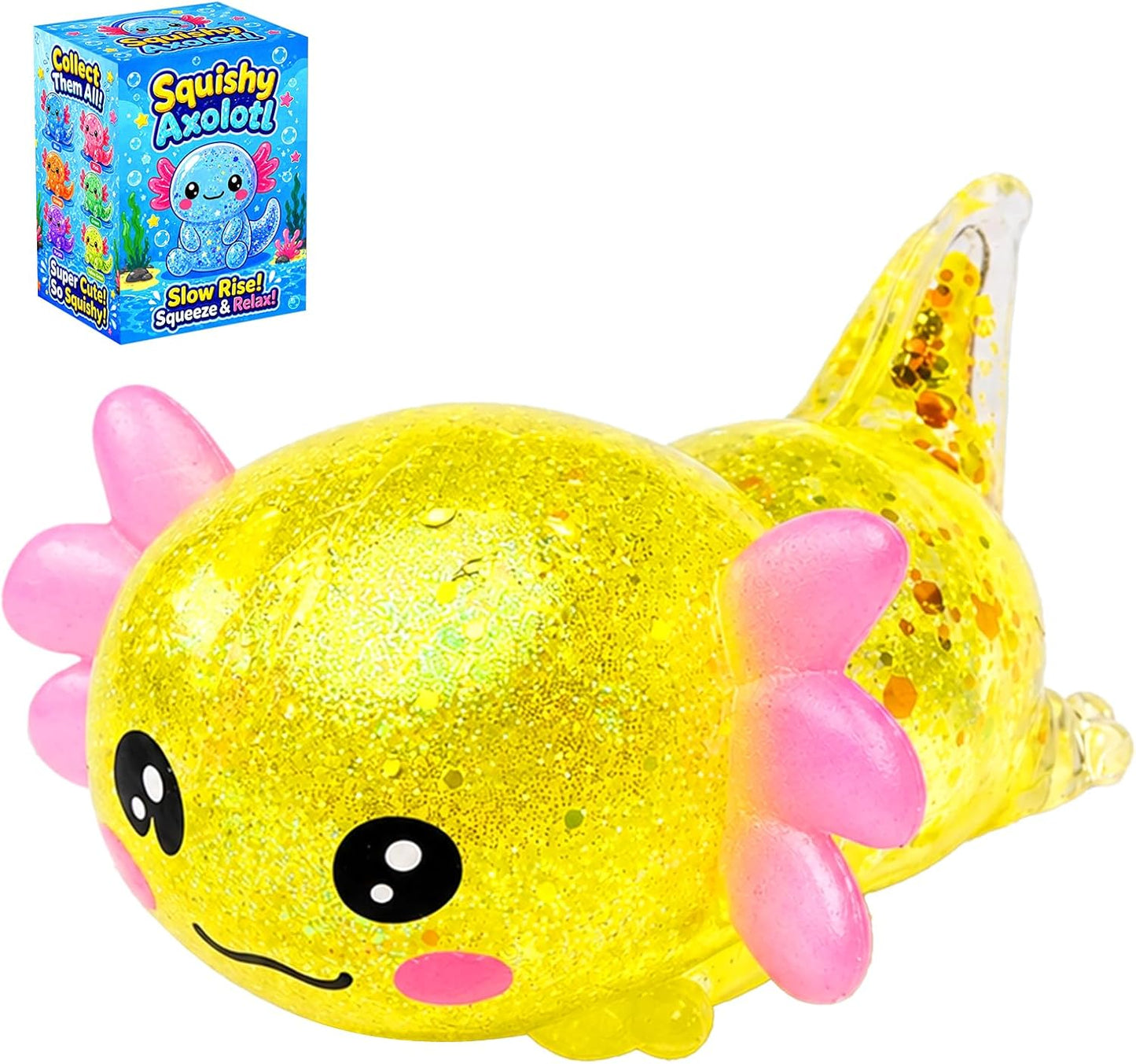 Axolotl Squishy Toy, Cute Glitter Stress Relief Fidget Toy (Yellow) | Soft Squeeze Sensory Toy for Kids Adults, Axolotl Squishy Stress Ball Anxiety Calming Desk Toy Party Favor Handheld Fidget