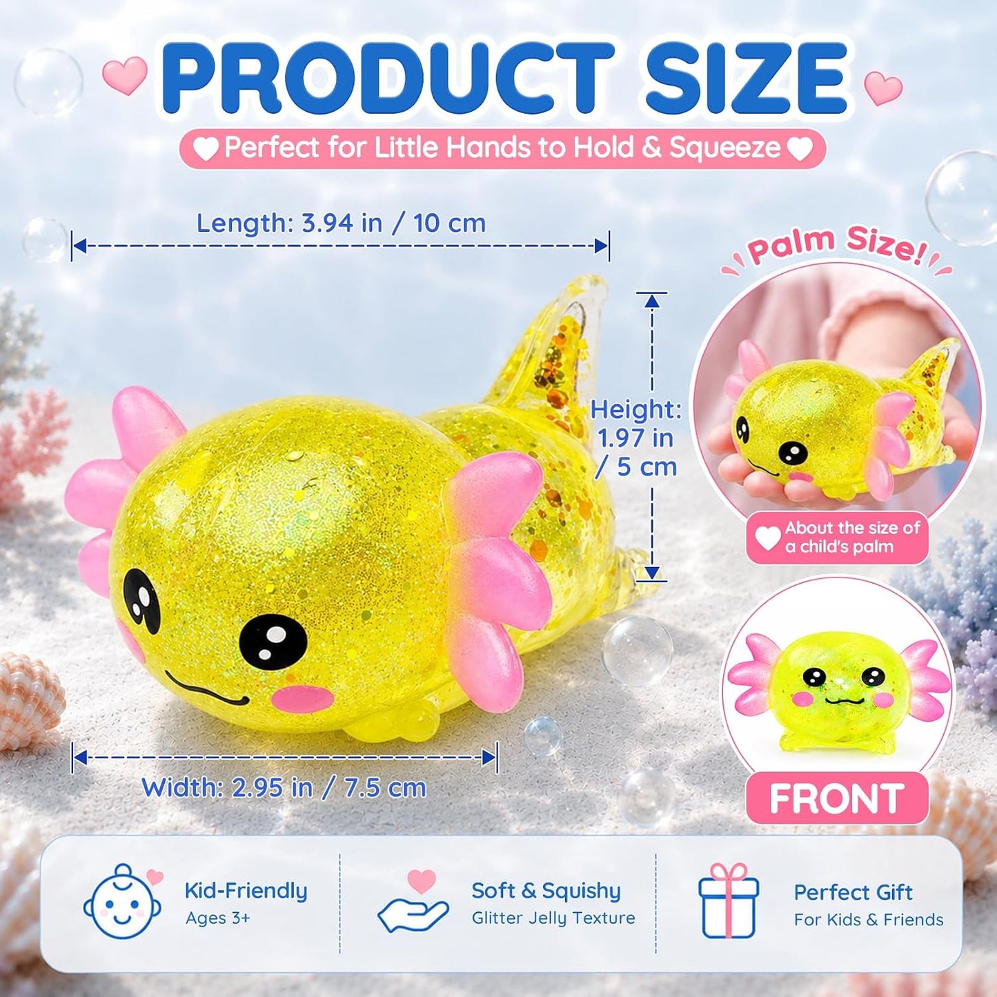 Axolotl Squishy Toy, Cute Glitter Stress Relief Fidget Toy (Yellow) | Soft Squeeze Sensory Toy for Kids Adults, Axolotl Squishy Stress Ball Anxiety Calming Desk Toy Party Favor Handheld Fidget