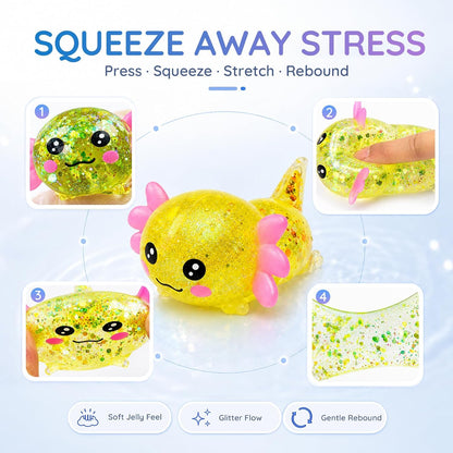 Axolotl Squishy Toy, Cute Glitter Stress Relief Fidget Toy (Yellow) | Soft Squeeze Sensory Toy for Kids Adults, Axolotl Squishy Stress Ball Anxiety Calming Desk Toy Party Favor Handheld Fidget