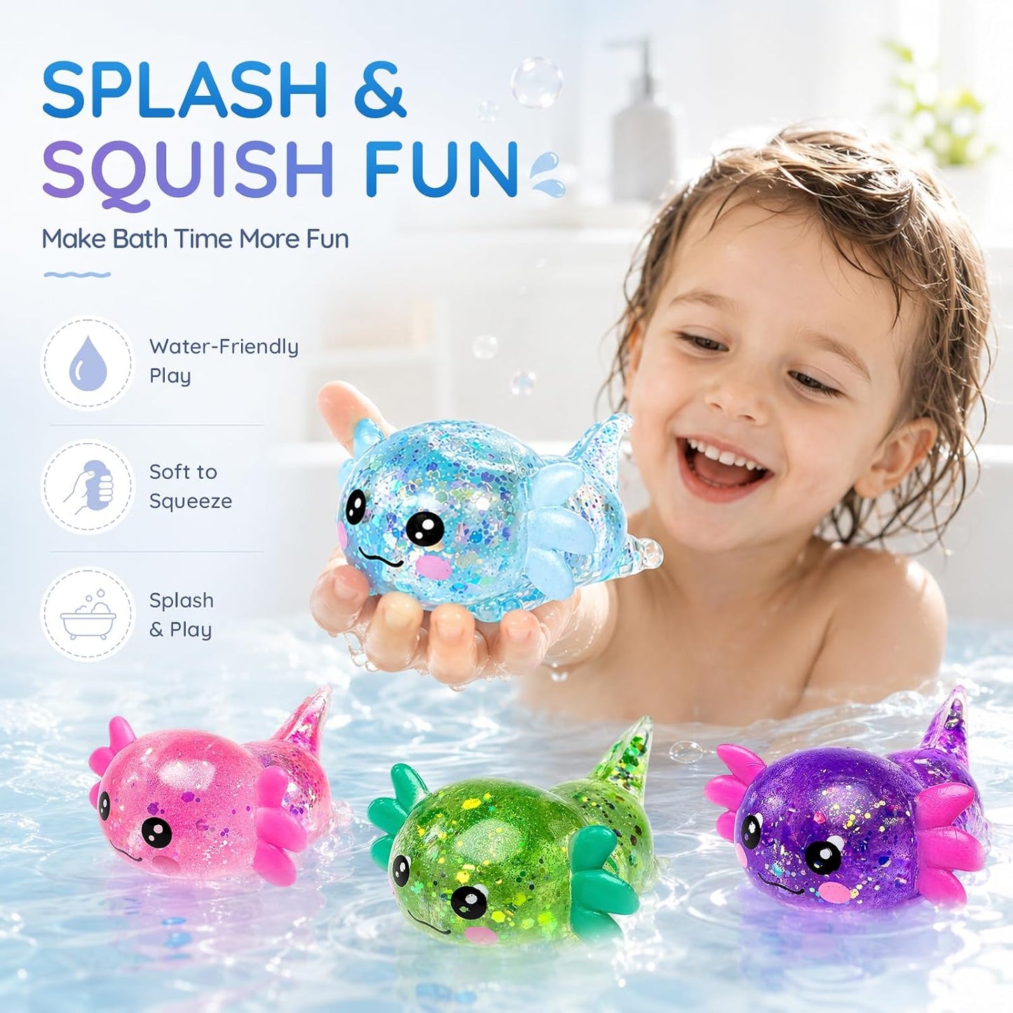 Axolotl Squishy Toy, Cute Glitter Stress Relief Fidget Toy (Yellow) | Soft Squeeze Sensory Toy for Kids Adults, Axolotl Squishy Stress Ball Anxiety Calming Desk Toy Party Favor Handheld Fidget