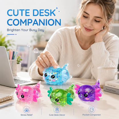 Axolotl Squishy Toy, Cute Glitter Stress Relief Fidget Toy (Yellow) | Soft Squeeze Sensory Toy for Kids Adults, Axolotl Squishy Stress Ball Anxiety Calming Desk Toy Party Favor Handheld Fidget