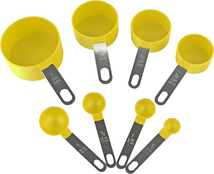 8pc Measuring Cups & Spoons for Dry & Liquid Ingredients, Food Grade Plastic with Stainless Steel Handles, Lemon