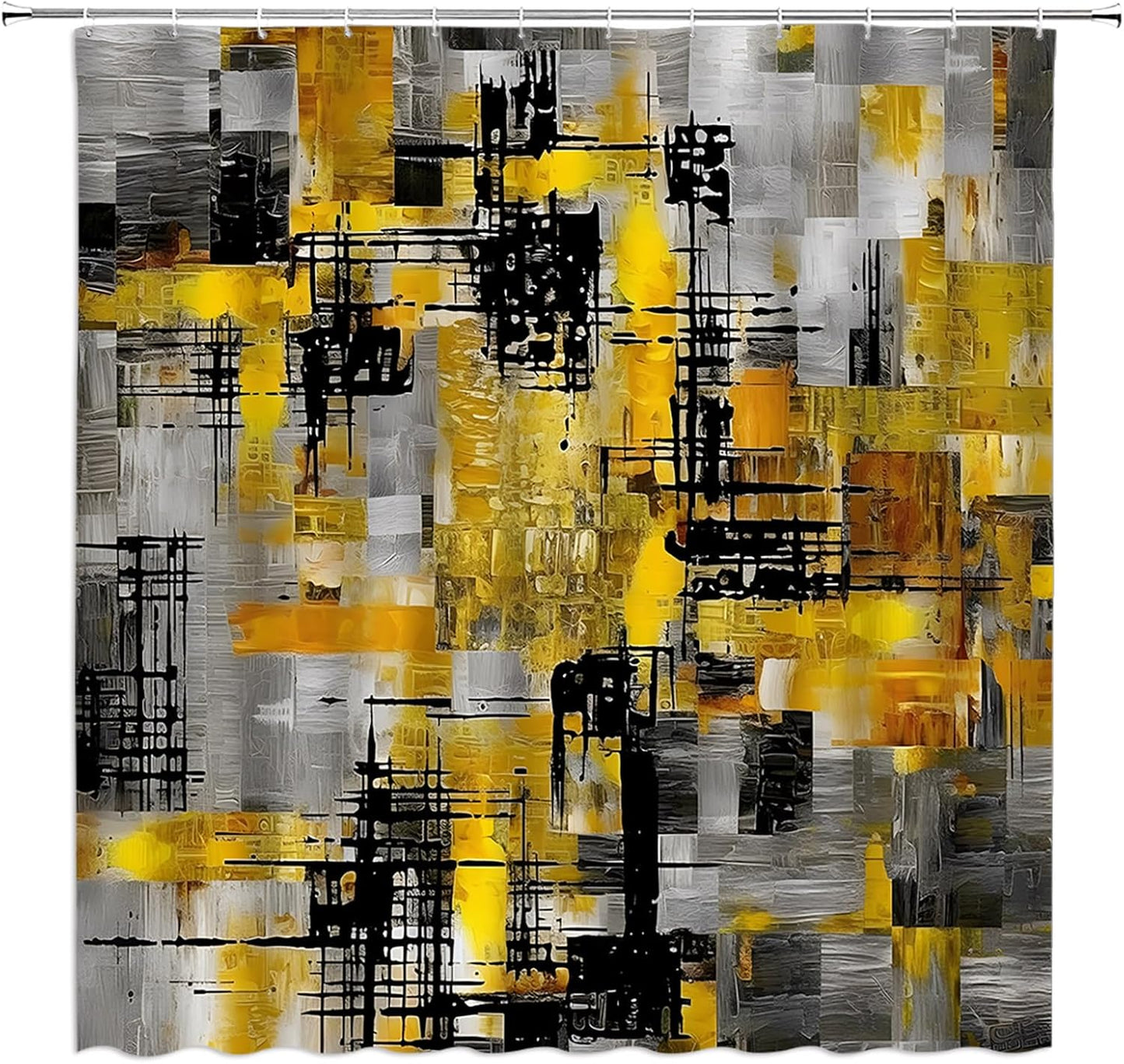 Abstract Shower Curtain Yellow Black Ombre Brush Stroke Chaos Striped Modern Aesthetic Bathroom Decor Polyester Curtains with Hooks