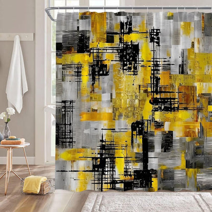 Abstract Shower Curtain Yellow Black Ombre Brush Stroke Chaos Striped Modern Aesthetic Bathroom Decor Polyester Curtains with Hooks