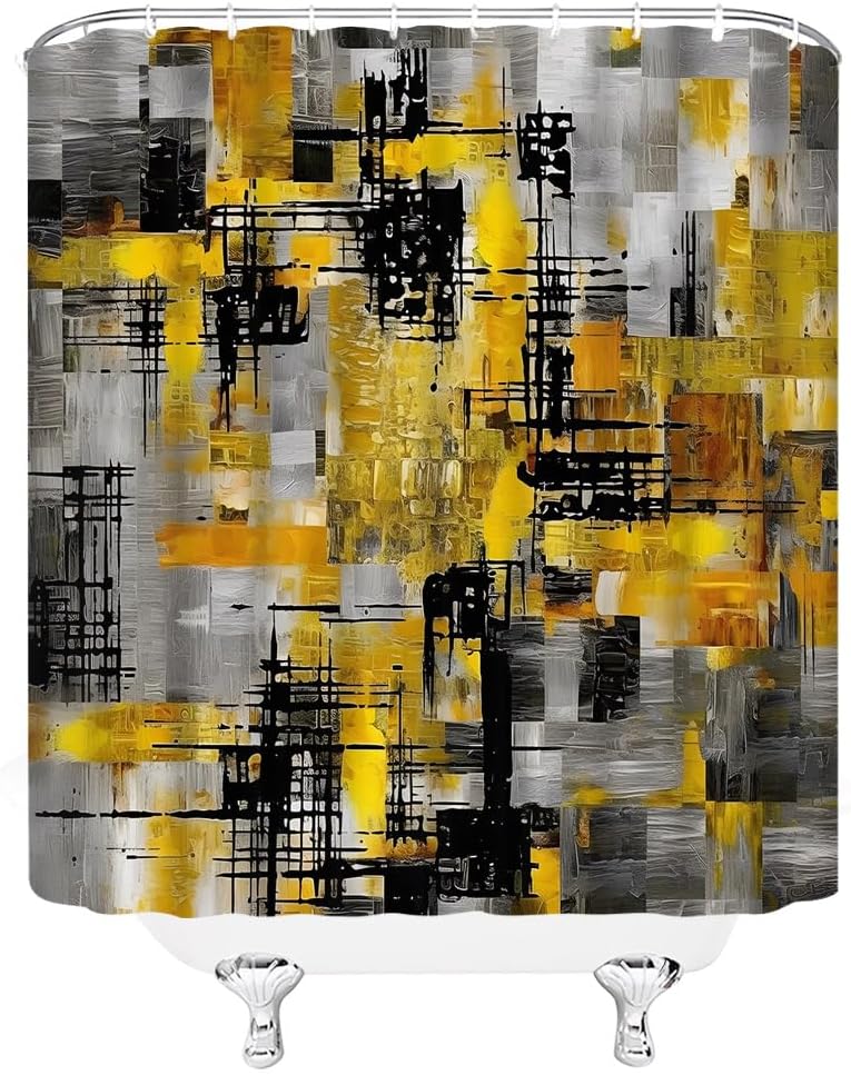 Abstract Shower Curtain Yellow Black Ombre Brush Stroke Chaos Striped Modern Aesthetic Bathroom Decor Polyester Curtains with Hooks