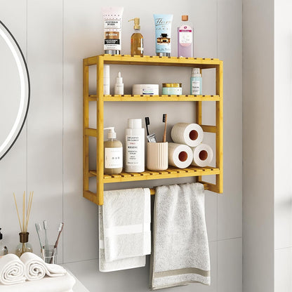 Over The Toilet Storage Bathroom Shelves Wall Mounted 3 Tier Space Saver Corner Shelf Organizer Bamboo Towel Rack Toilet Paper Cabinet with Hanging Rod Yellow