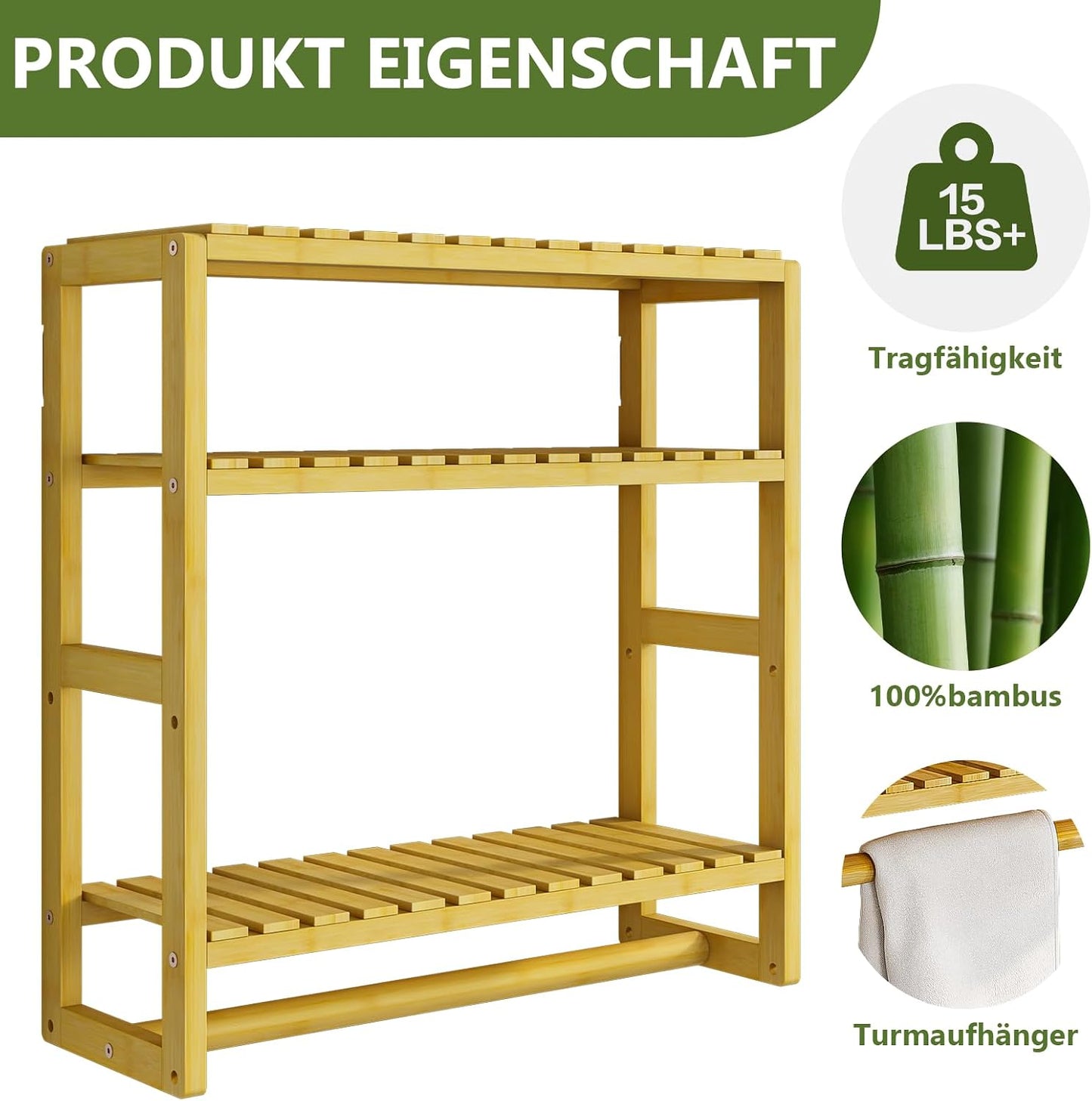 Over The Toilet Storage Bathroom Shelves Wall Mounted 3 Tier Space Saver Corner Shelf Organizer Bamboo Towel Rack Toilet Paper Cabinet with Hanging Rod Yellow