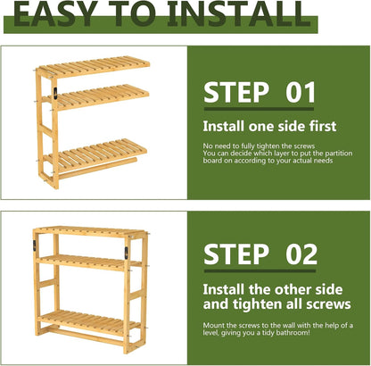 Over The Toilet Storage Bathroom Shelves Wall Mounted 3 Tier Space Saver Corner Shelf Organizer Bamboo Towel Rack Toilet Paper Cabinet with Hanging Rod Yellow