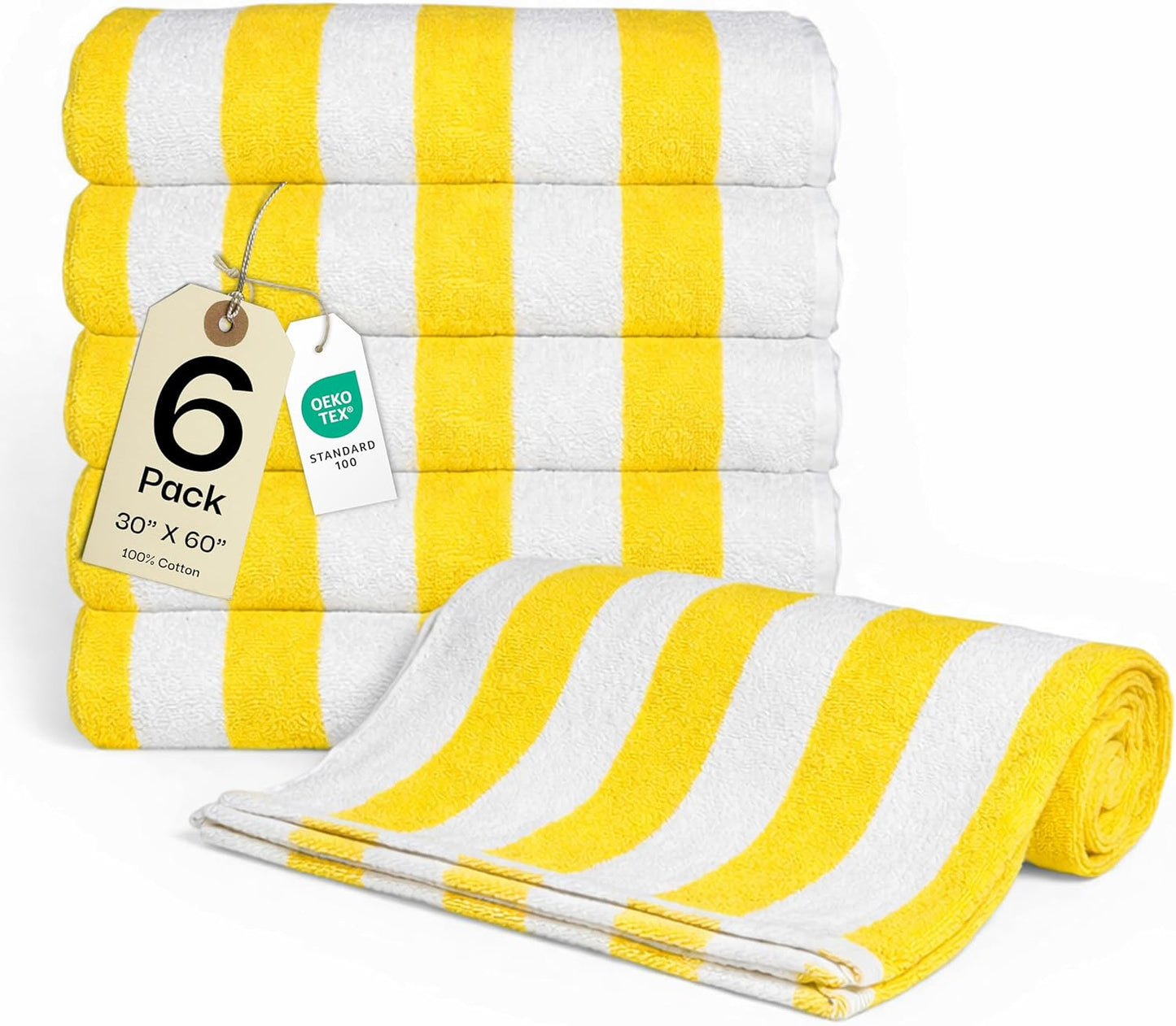 Cotton Striped Beach Cabana Towel, 6 Pack - 30"x60" Quick Dry Towels, Pool Essentials, Travel, Gym & Bathroom Towels, Oversized Beach Vacation Essentials, Lemon Yellow