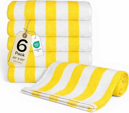 Cotton Striped Beach Cabana Towel, 6 Pack - 30"x60" Quick Dry Towels, Pool Essentials, Travel, Gym & Bathroom Towels, Oversized Beach Vacation Essentials, Lemon Yellow