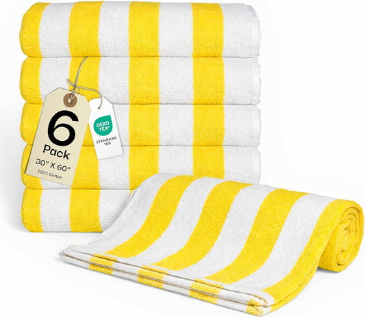 Cotton Striped Beach Cabana Towel, 6 Pack - 30"x60" Quick Dry Towels, Pool Essentials, Travel, Gym & Bathroom Towels, Oversized Beach Vacation Essentials, Lemon Yellow