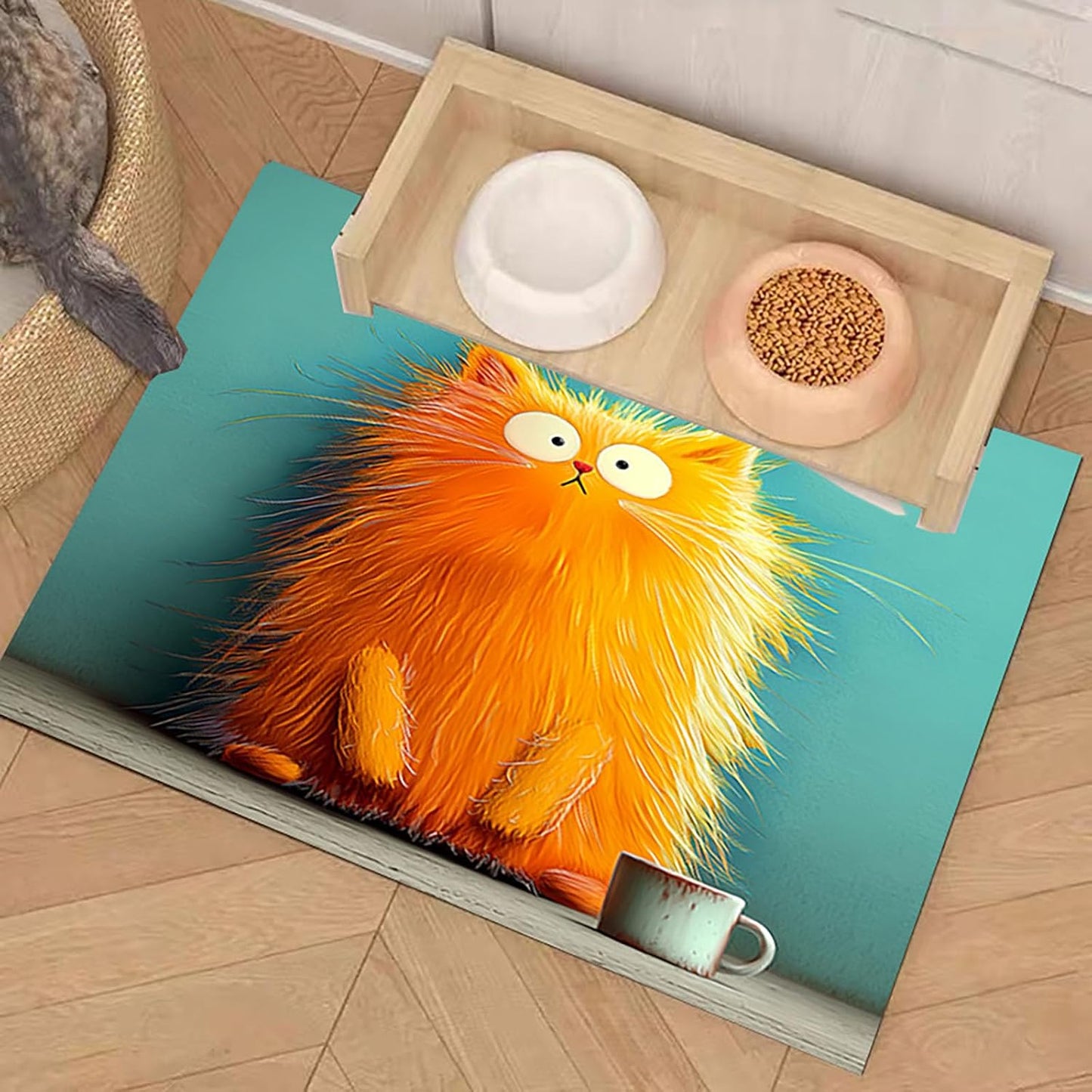 Cat Food Mat 20 * 16 inch, Absorbent Dog Mat for Food and Water Bowl, Quick Dry, Non Slip Pet Water Dispenser Mat, Easy to Clean Pet Placemats (Yellow Cartoon cat)
