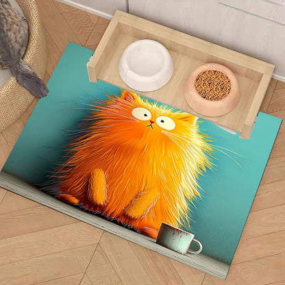 Cat Food Mat 20 * 16 inch, Absorbent Dog Mat for Food and Water Bowl, Quick Dry, Non Slip Pet Water Dispenser Mat, Easy to Clean Pet Placemats (Yellow Cartoon cat)