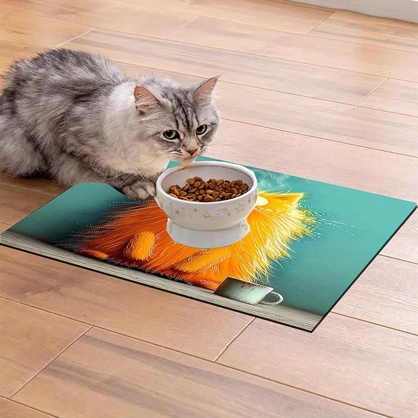 Cat Food Mat 20 * 16 inch, Absorbent Dog Mat for Food and Water Bowl, Quick Dry, Non Slip Pet Water Dispenser Mat, Easy to Clean Pet Placemats (Yellow Cartoon cat)