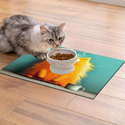 Cat Food Mat 20 * 16 inch, Absorbent Dog Mat for Food and Water Bowl, Quick Dry, Non Slip Pet Water Dispenser Mat, Easy to Clean Pet Placemats (Yellow Cartoon cat)