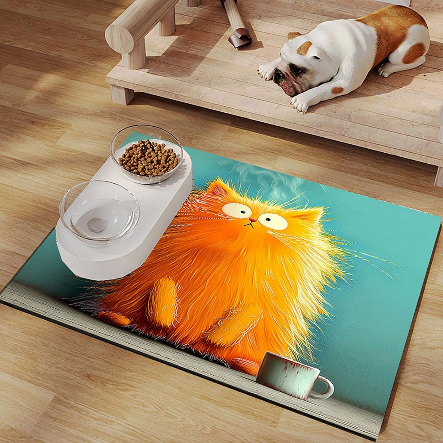 Cat Food Mat 20 * 16 inch, Absorbent Dog Mat for Food and Water Bowl, Quick Dry, Non Slip Pet Water Dispenser Mat, Easy to Clean Pet Placemats (Yellow Cartoon cat)