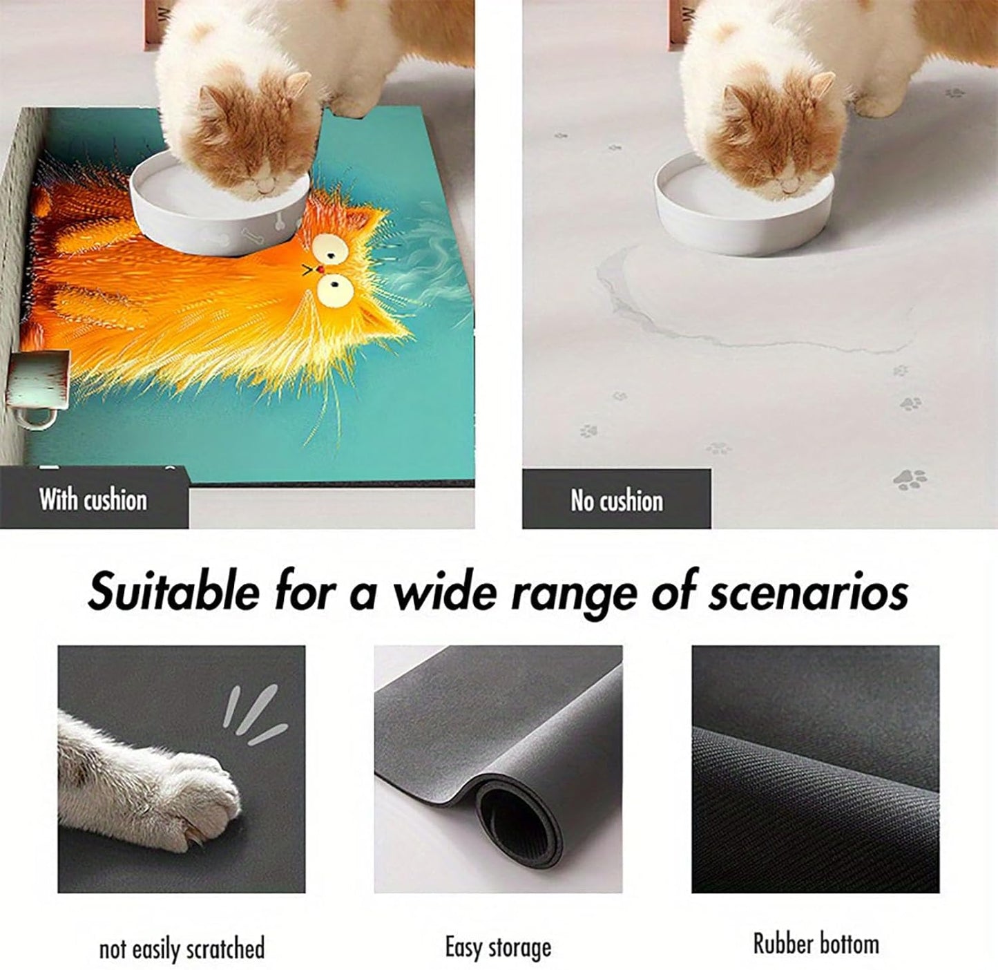 Cat Food Mat 20 * 16 inch, Absorbent Dog Mat for Food and Water Bowl, Quick Dry, Non Slip Pet Water Dispenser Mat, Easy to Clean Pet Placemats (Yellow Cartoon cat)