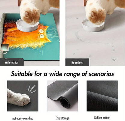 Cat Food Mat 20 * 16 inch, Absorbent Dog Mat for Food and Water Bowl, Quick Dry, Non Slip Pet Water Dispenser Mat, Easy to Clean Pet Placemats (Yellow Cartoon cat)