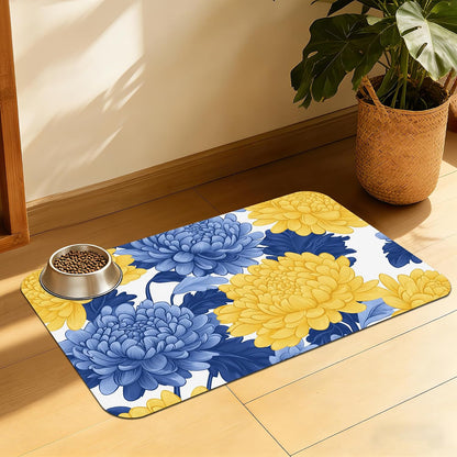 Blue Yellow Flowers Pet Feeding Mat, Quick Dry Absorbent Water Bowl Mat for Dogs and Cats, Anti-Slip Bottom, Indoor Use – 16x24 Inch