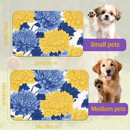 Blue Yellow Flowers Pet Feeding Mat, Quick Dry Absorbent Water Bowl Mat for Dogs and Cats, Anti-Slip Bottom, Indoor Use – 16x24 Inch