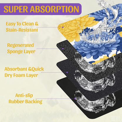Blue Yellow Flowers Pet Feeding Mat, Quick Dry Absorbent Water Bowl Mat for Dogs and Cats, Anti-Slip Bottom, Indoor Use – 16x24 Inch