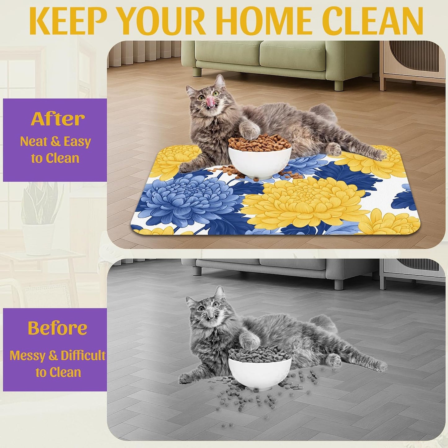 Blue Yellow Flowers Pet Feeding Mat, Quick Dry Absorbent Water Bowl Mat for Dogs and Cats, Anti-Slip Bottom, Indoor Use – 16x24 Inch