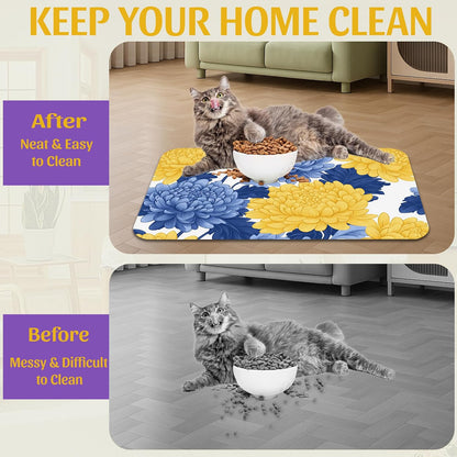 Blue Yellow Flowers Pet Feeding Mat, Quick Dry Absorbent Water Bowl Mat for Dogs and Cats, Anti-Slip Bottom, Indoor Use – 16x24 Inch
