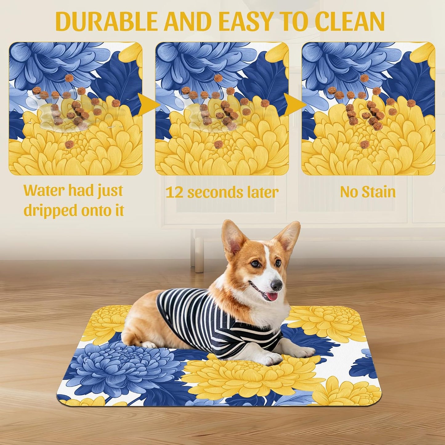 Blue Yellow Flowers Pet Feeding Mat, Quick Dry Absorbent Water Bowl Mat for Dogs and Cats, Anti-Slip Bottom, Indoor Use – 16x24 Inch