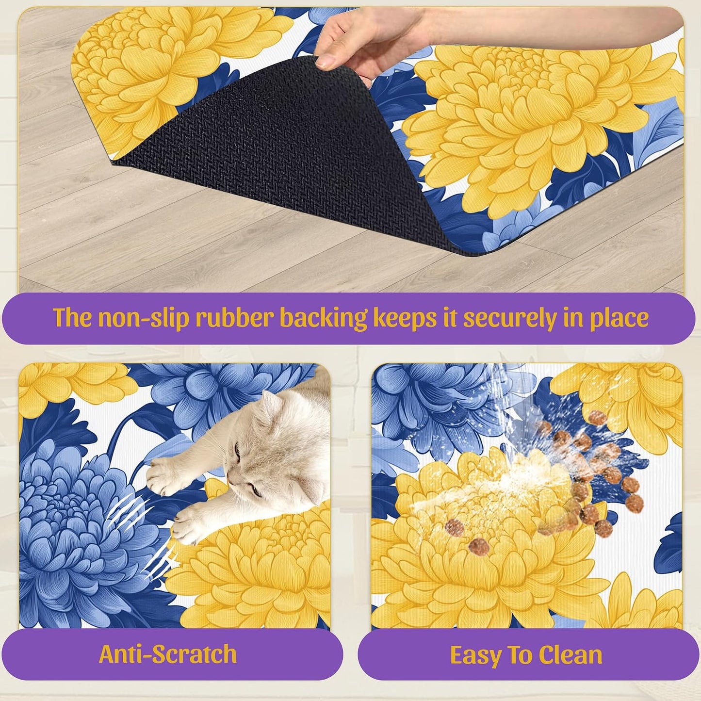 Blue Yellow Flowers Pet Feeding Mat, Quick Dry Absorbent Water Bowl Mat for Dogs and Cats, Anti-Slip Bottom, Indoor Use – 16x24 Inch