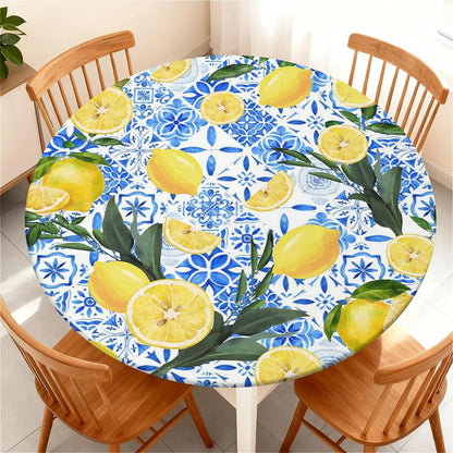 Waterproof Round Tablecloth with Elastic Edge, Fitted Round Table Cover Wipeable Summer Tablecover Fits Tables up to 37”-44“ for Kitchen Picnic Party, Lemon