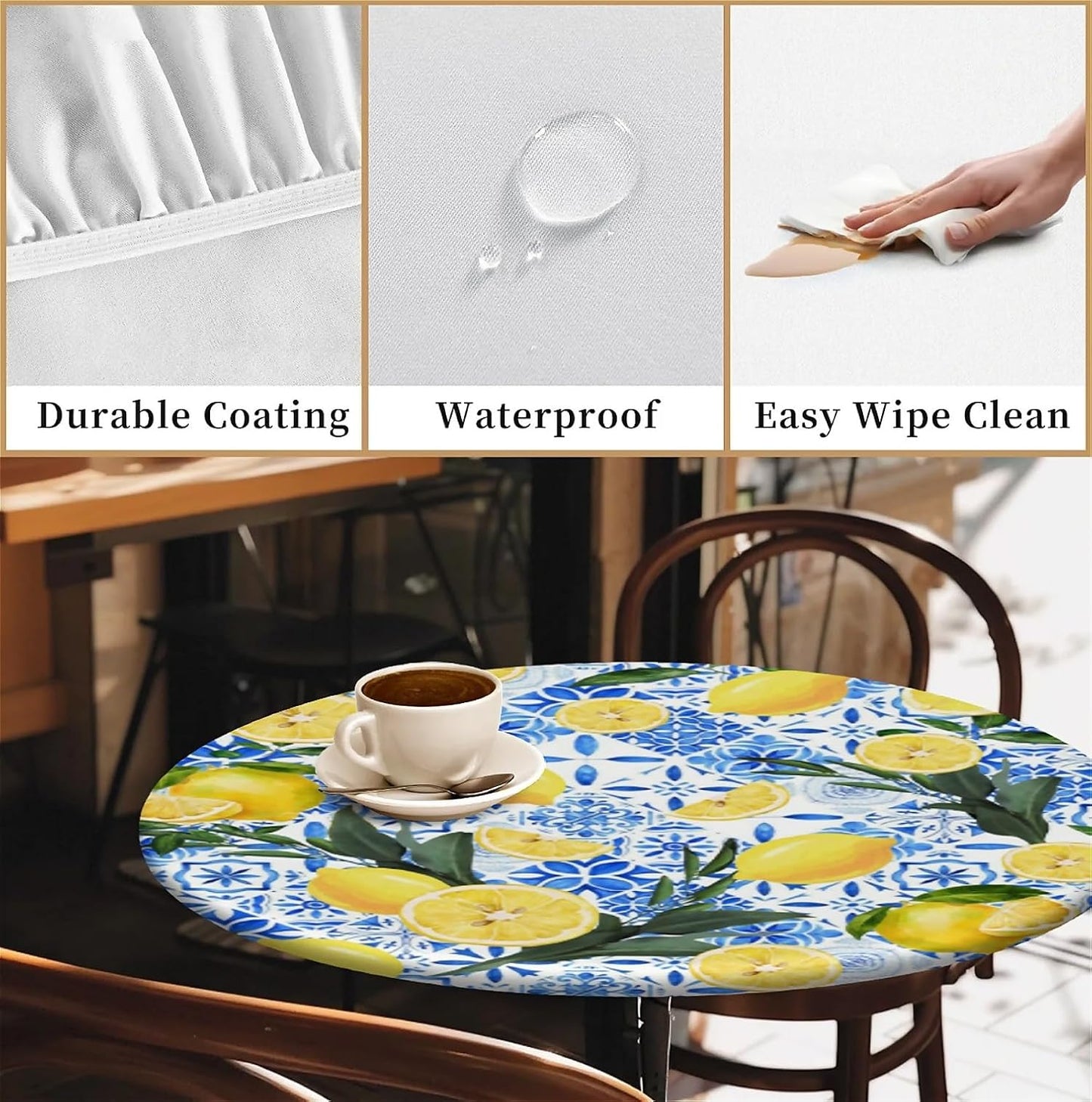 Waterproof Round Tablecloth with Elastic Edge, Fitted Round Table Cover Wipeable Summer Tablecover Fits Tables up to 37”-44“ for Kitchen Picnic Party, Lemon