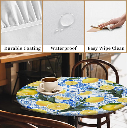 Waterproof Round Tablecloth with Elastic Edge, Fitted Round Table Cover Wipeable Summer Tablecover Fits Tables up to 37”-44“ for Kitchen Picnic Party, Lemon