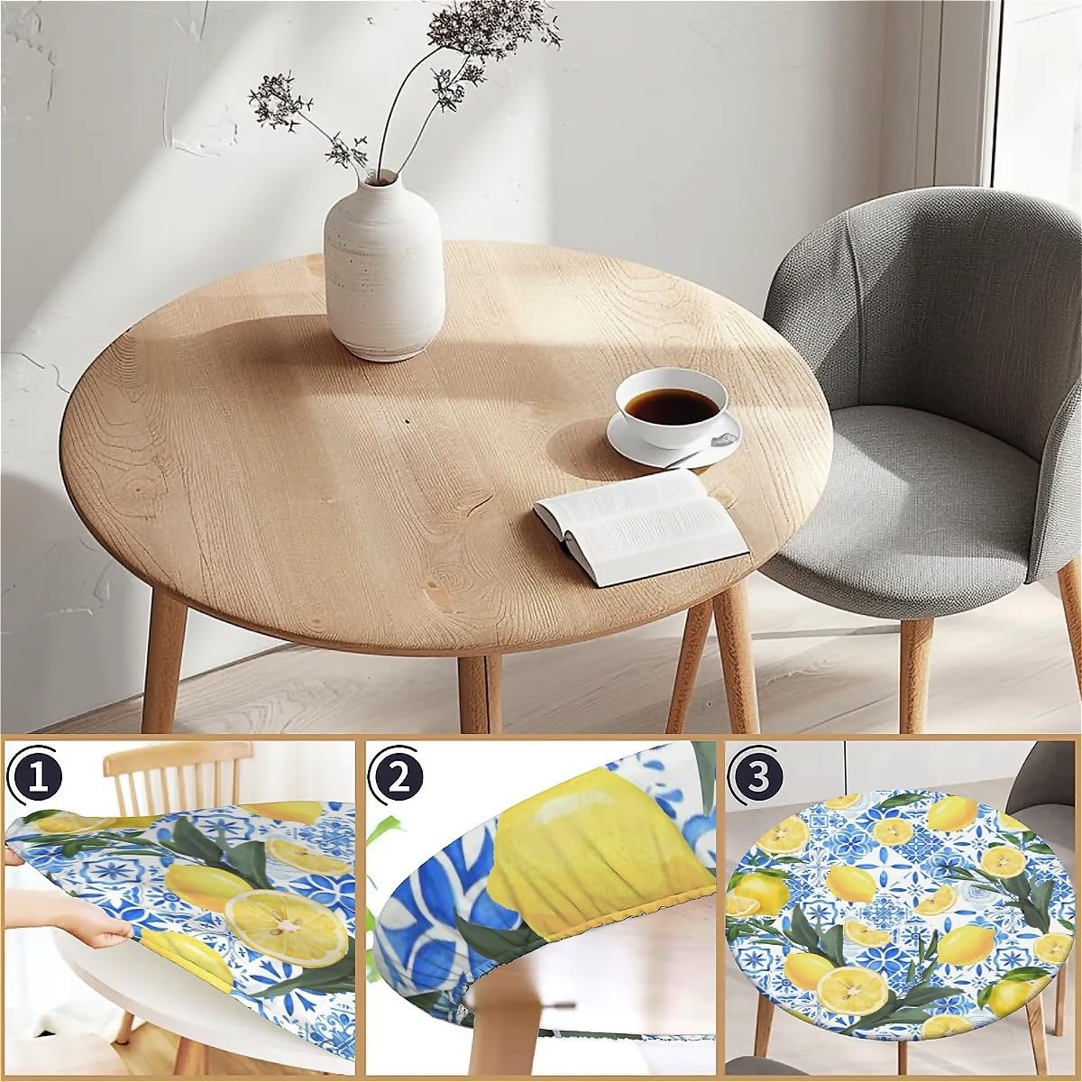 Waterproof Round Tablecloth with Elastic Edge, Fitted Round Table Cover Wipeable Summer Tablecover Fits Tables up to 37”-44“ for Kitchen Picnic Party, Lemon