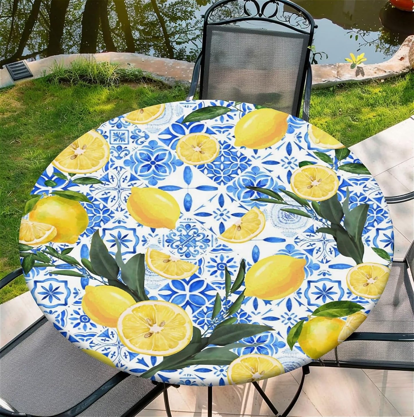 Waterproof Round Tablecloth with Elastic Edge, Fitted Round Table Cover Wipeable Summer Tablecover Fits Tables up to 37”-44“ for Kitchen Picnic Party, Lemon