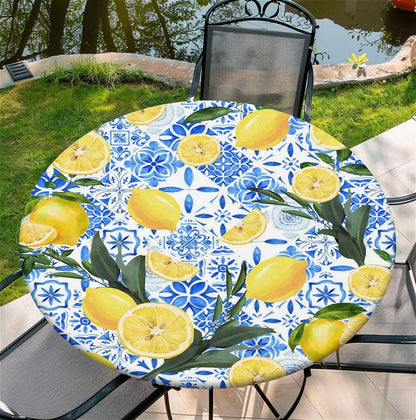 Waterproof Round Tablecloth with Elastic Edge, Fitted Round Table Cover Wipeable Summer Tablecover Fits Tables up to 37”-44“ for Kitchen Picnic Party, Lemon