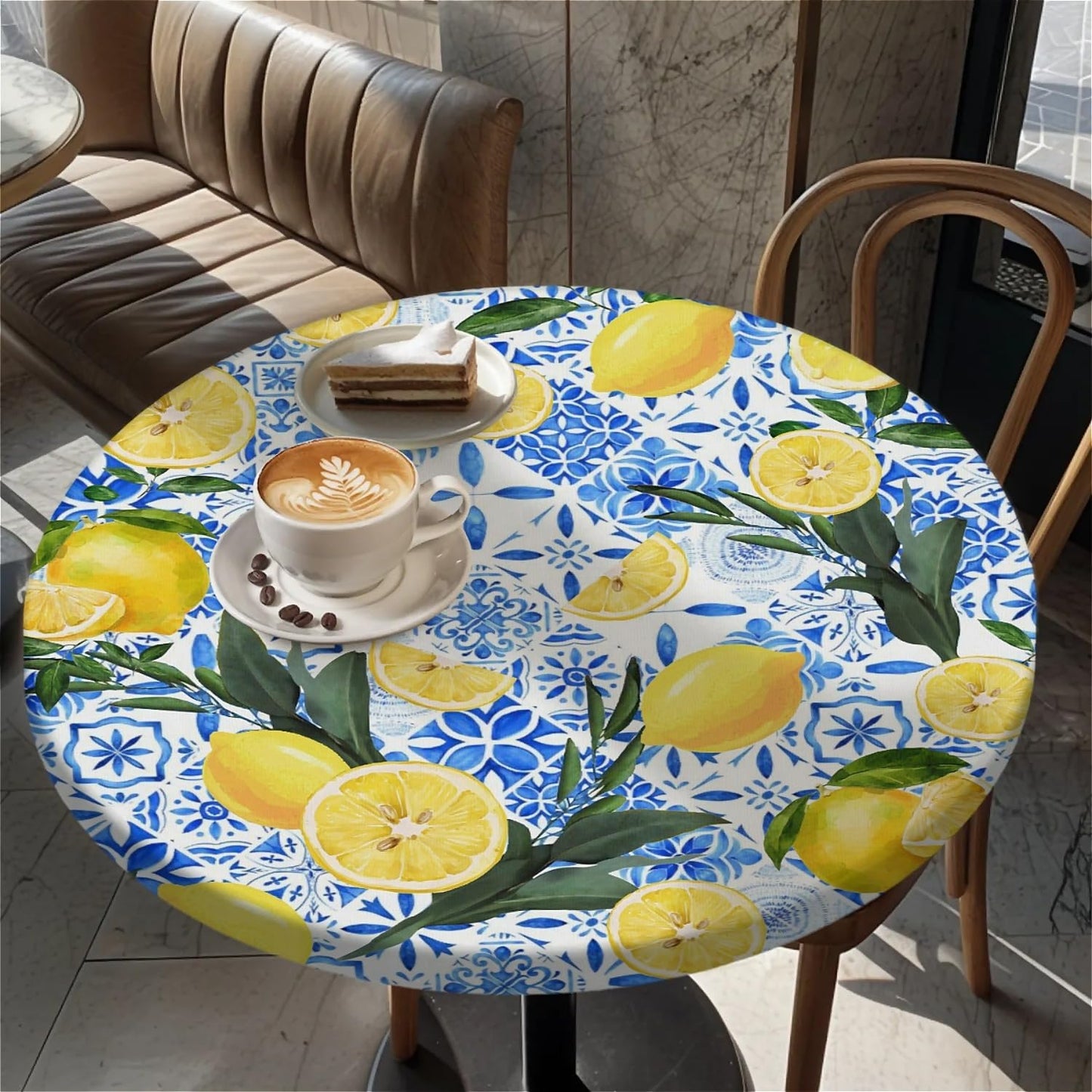 Waterproof Round Tablecloth with Elastic Edge, Fitted Round Table Cover Wipeable Summer Tablecover Fits Tables up to 37”-44“ for Kitchen Picnic Party, Lemon