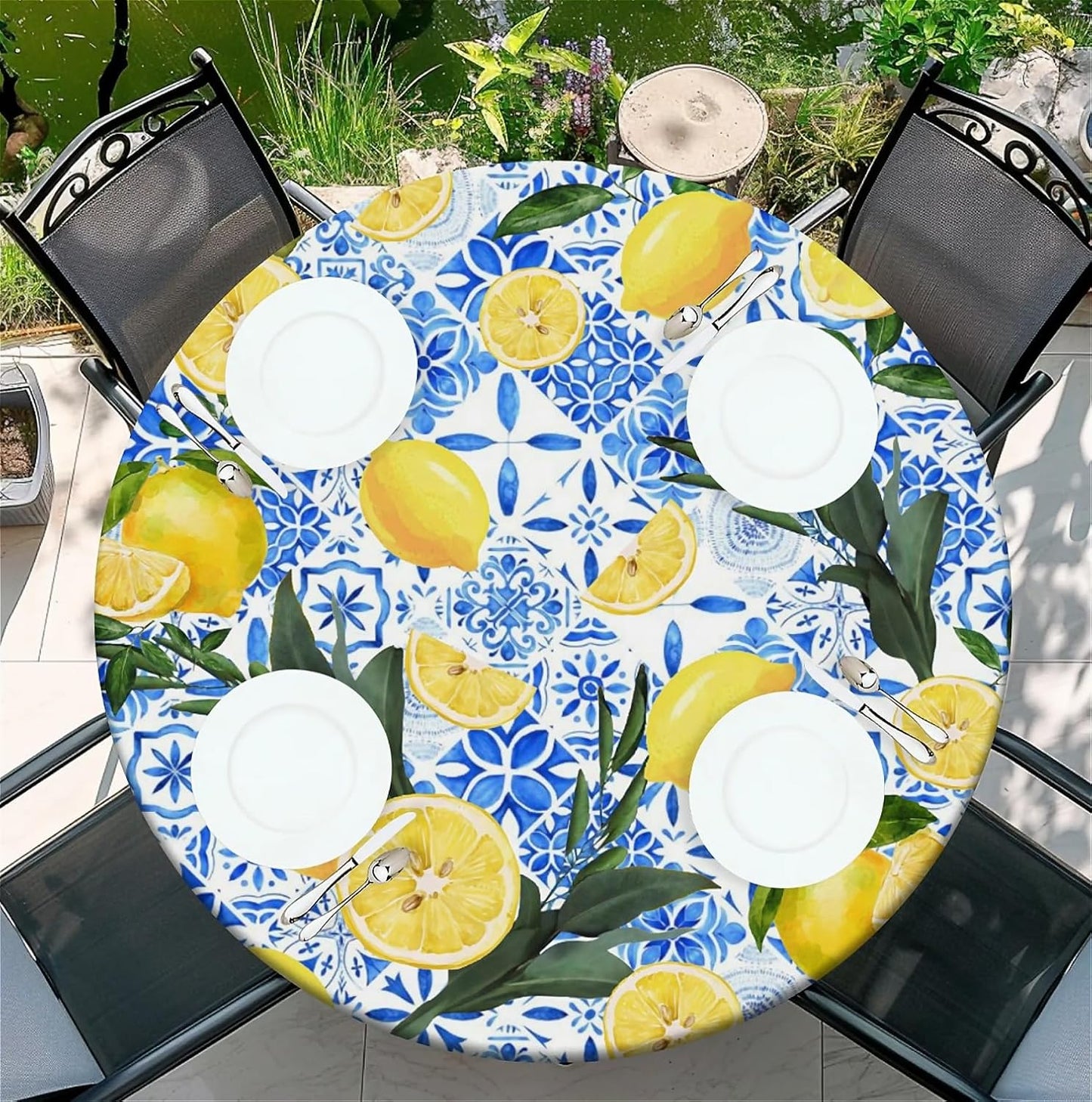 Waterproof Round Tablecloth with Elastic Edge, Fitted Round Table Cover Wipeable Summer Tablecover Fits Tables up to 37”-44“ for Kitchen Picnic Party, Lemon