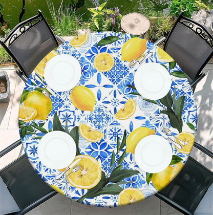 Waterproof Round Tablecloth with Elastic Edge, Fitted Round Table Cover Wipeable Summer Tablecover Fits Tables up to 37”-44“ for Kitchen Picnic Party, Lemon