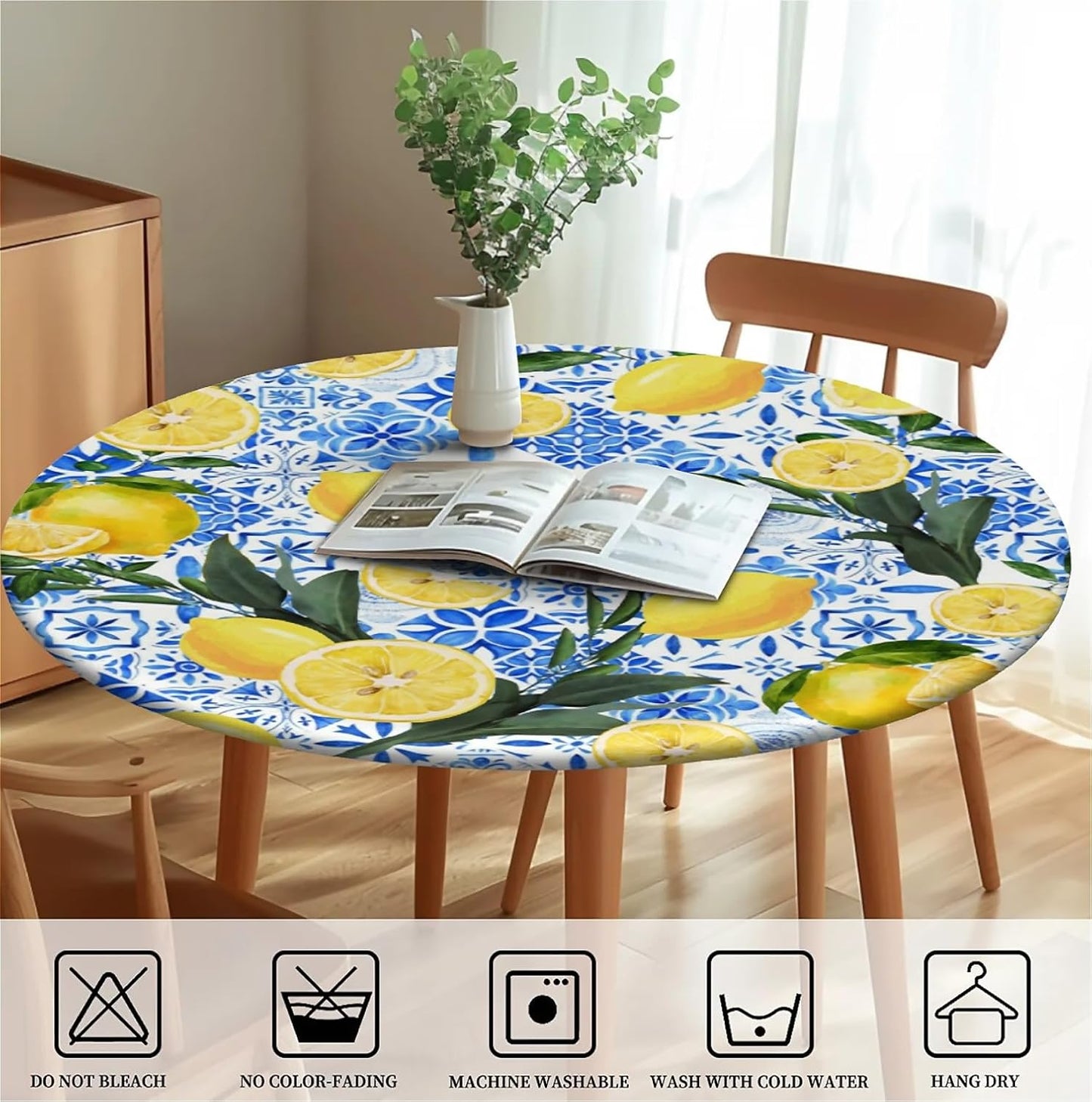 Waterproof Round Tablecloth with Elastic Edge, Fitted Round Table Cover Wipeable Summer Tablecover Fits Tables up to 37”-44“ for Kitchen Picnic Party, Lemon