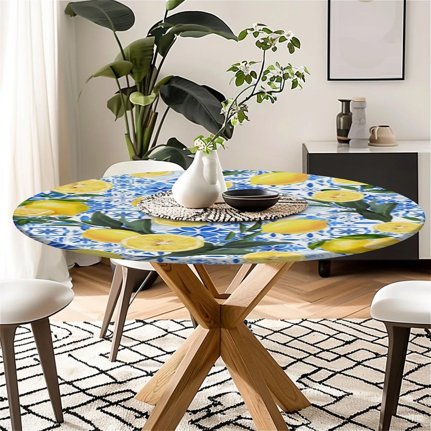 Waterproof Round Tablecloth with Elastic Edge, Fitted Round Table Cover Wipeable Summer Tablecover Fits Tables up to 37”-44“ for Kitchen Picnic Party, Lemon