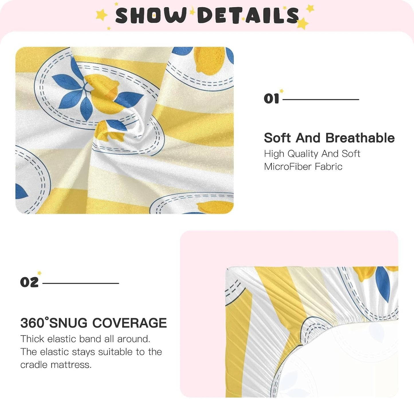Lemon Yellow Stripe Soft Stretch Playard Sheets, Comfy Breathable Cotton Like Crib Sheets for Boys and Girls, Super Soft Playard Toddler Bed Mattress Fitted for 39”x27”