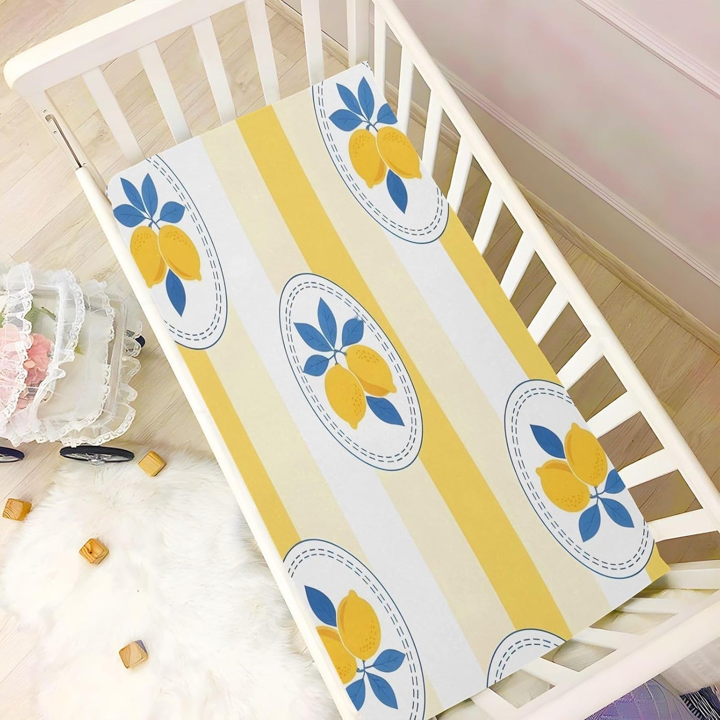 Lemon Yellow Stripe Soft Stretch Playard Sheets, Comfy Breathable Cotton Like Crib Sheets for Boys and Girls, Super Soft Playard Toddler Bed Mattress Fitted for 39”x27”