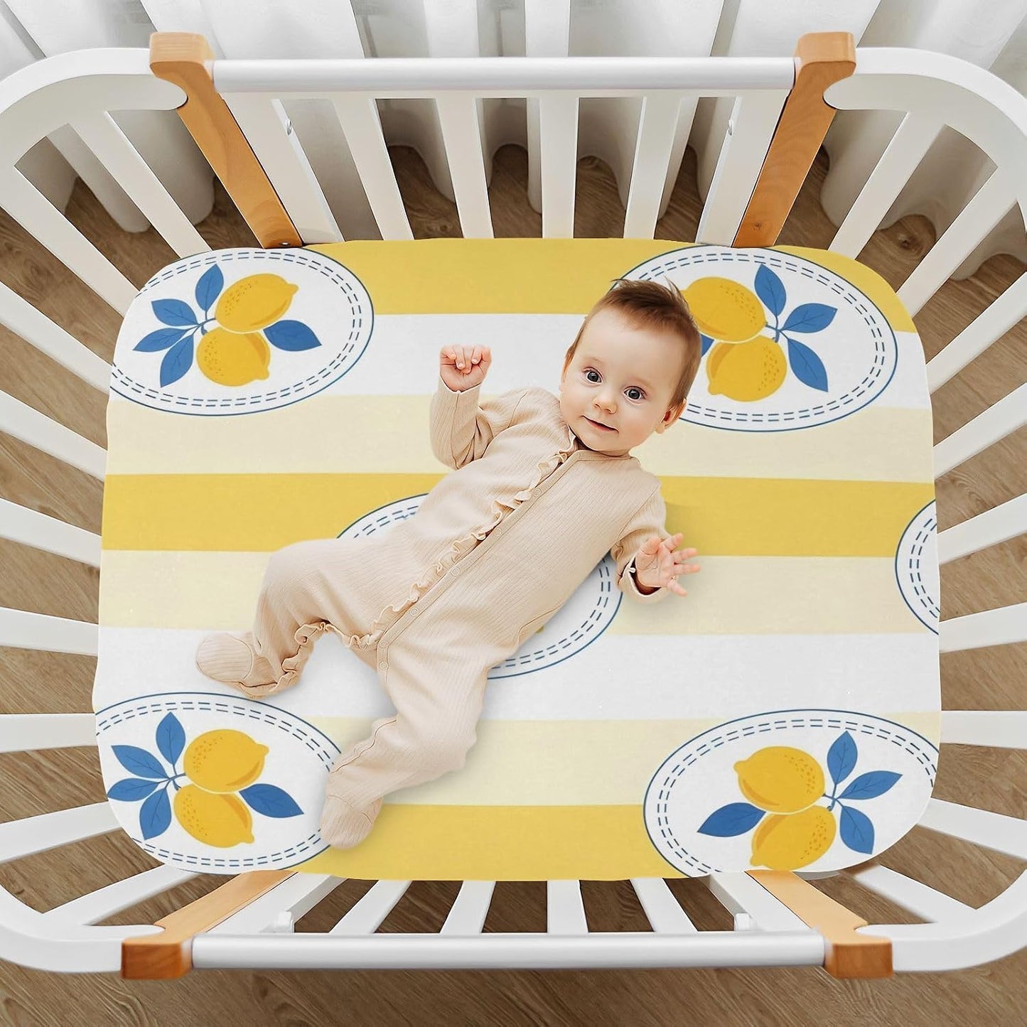 Lemon Yellow Stripe Soft Stretch Playard Sheets, Comfy Breathable Cotton Like Crib Sheets for Boys and Girls, Super Soft Playard Toddler Bed Mattress Fitted for 39”x27”