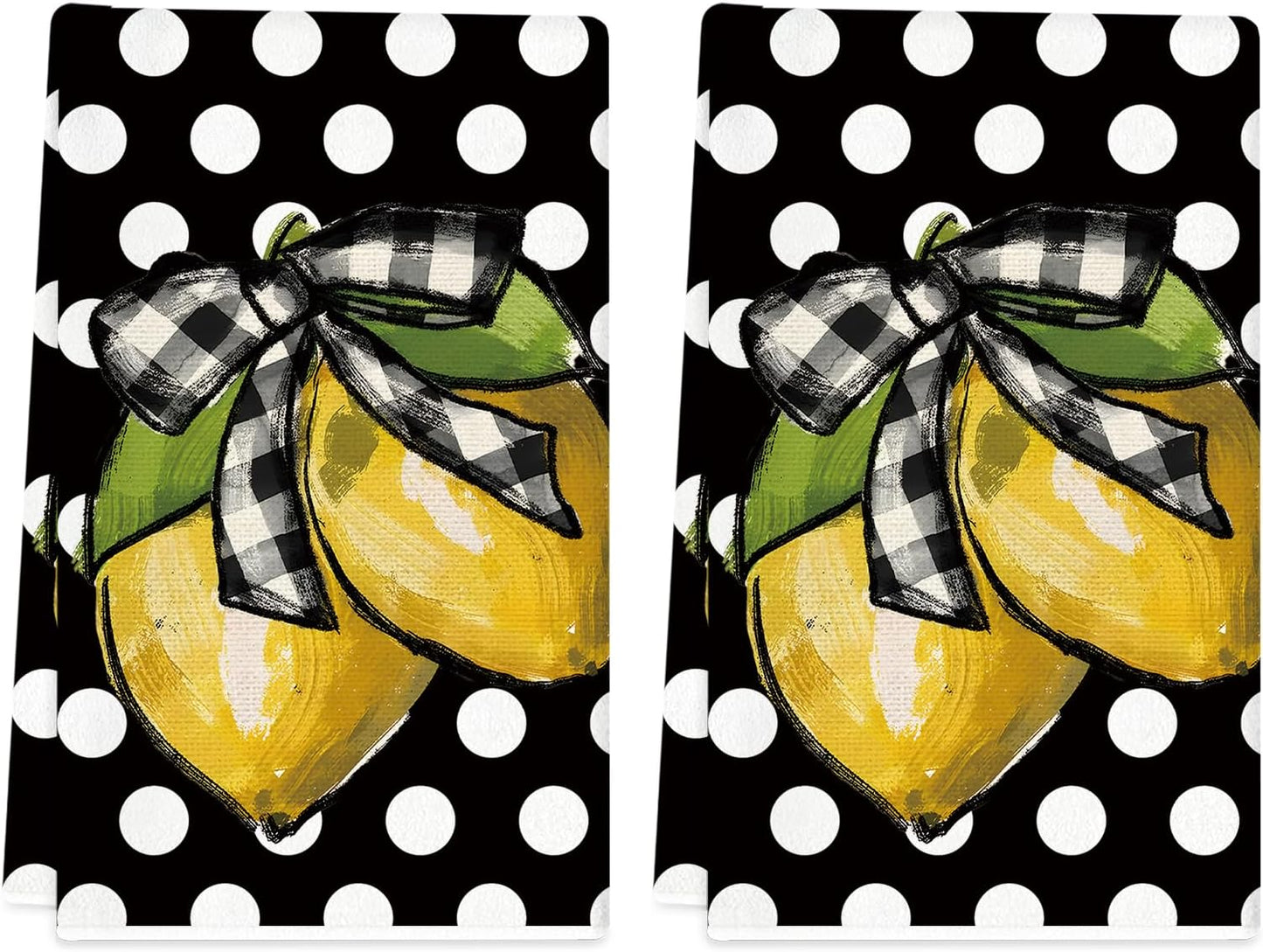 Summer Kitchen Towels 18x26 Inch Set of 2 Lemon Dots Dish Towels Farmhouse Seasonal Decorative Hand Cloths for Kitchen Decoration Black